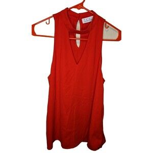 T.C. Elli's Top Womens Size S Small Red V Neck Choker Collar Lined Blouse Shirt